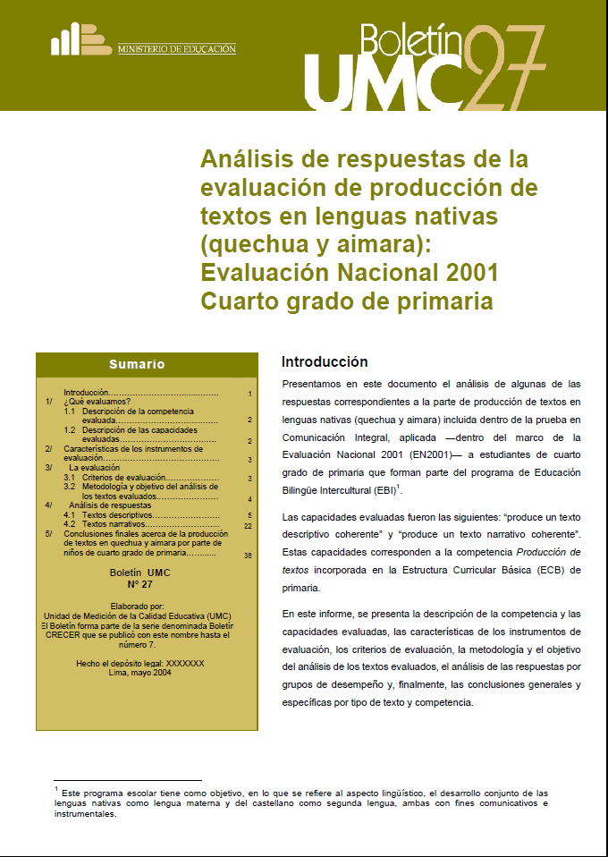 Análisis de respuestas de la evaluación de producción de textos en lenguas nativas (quechua y aimara) : Evaluación Nacional 2001, cuarto grado de primaria